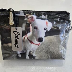 Catsye London Dog Print Vinyl Cosmetic Pouch - White with Red Harness